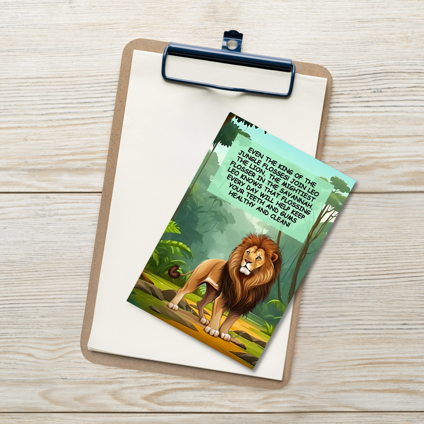 Oral Hygiene Cards- Even The King Of The Jungle Flosses! Join Leo The Lion, The Mightiest Flosser In The Savannah
