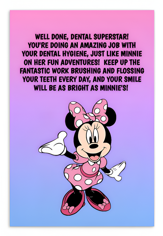 Minnie Mouse | Dental Motivational & Reward Cards- Well Done, Dental Superstar! You're Doing An Amazing Job With Your Dental Hygiene