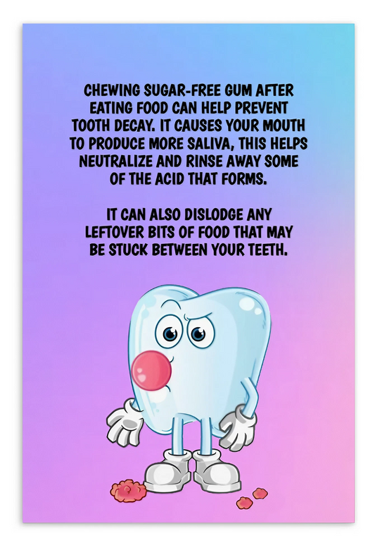 Oral Hygiene Cards- Chewing Sugar-Free Gum After Eating Food Can Help Prevent Tooth Decay.