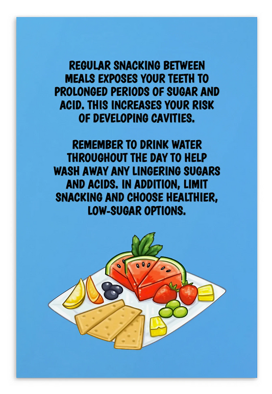 Oral Hygiene Cards-  Regular Snacking Between Meals Exposes Your Teeth To Prolonged Periods Of Sugar And Acid