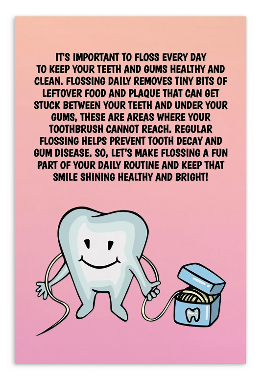 Oral Hygiene Cards- It's Important To Floss Every Day To Keep Your Teeth And Gums Healthy Abd Clean