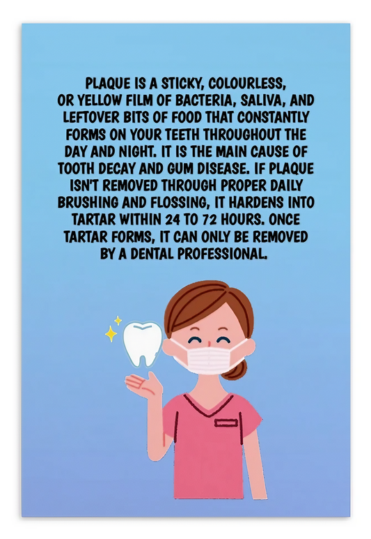 Oral Hygiene Cards-  Plaque Is A Sticky, Colourless Or Yellow Film Of Bacteria, Saliva, And Leftover Bits Of Food That Constantly Forms On Your Teeth