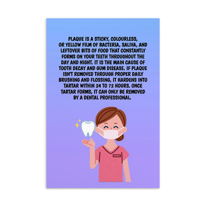 Oral Hygiene Cards-  Plaque Is A Sticky, Colourless Or Yellow Film Of Bacteria, Saliva, And Leftover Bits Of Food That Constantly Forms On Your Teeth