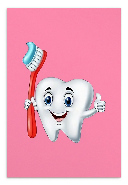 Dental Motivational & Reward Cards- Smiling Tooth Holding A Red Toothbrush (Pink Background)